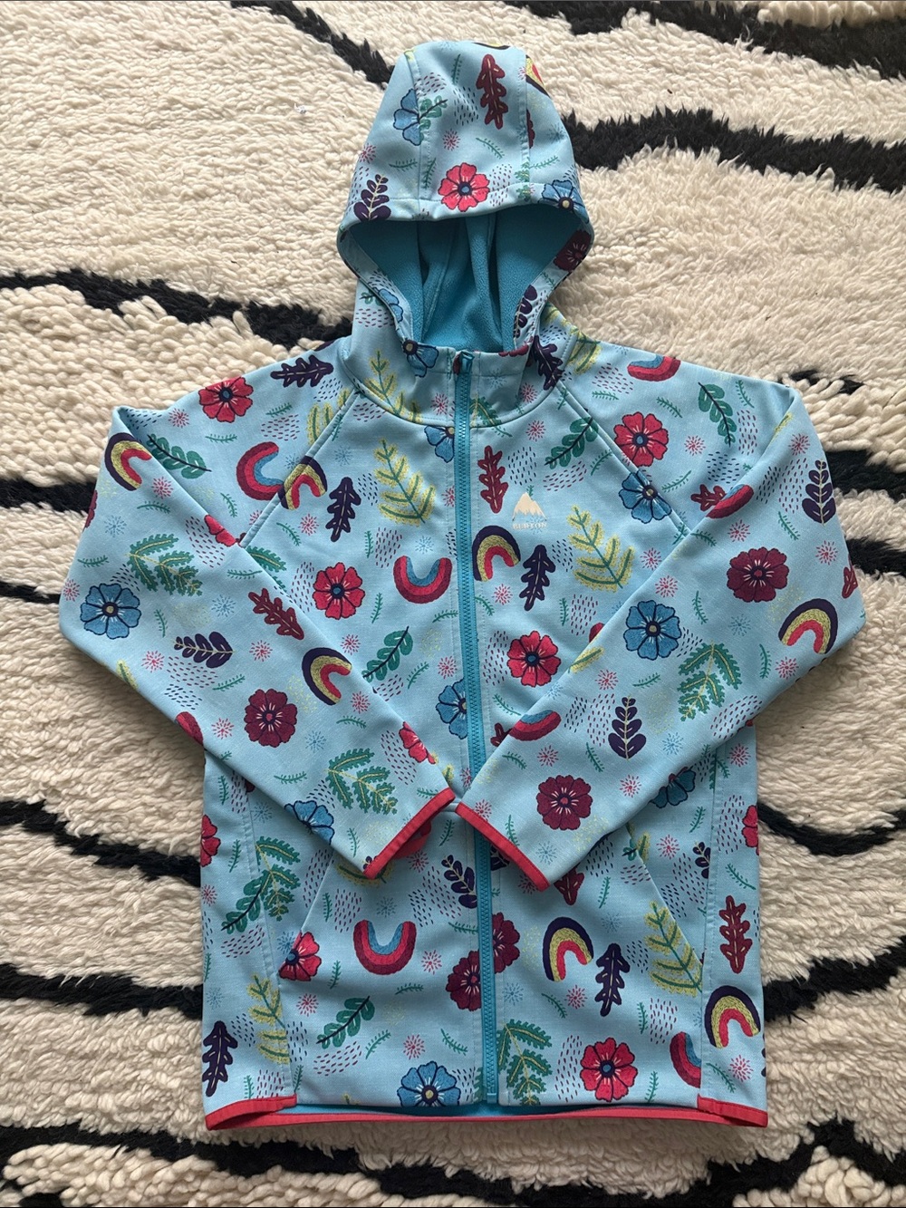 Kids Light Blue Hooded Jacket with Rainbow & Floral Print size 14/16